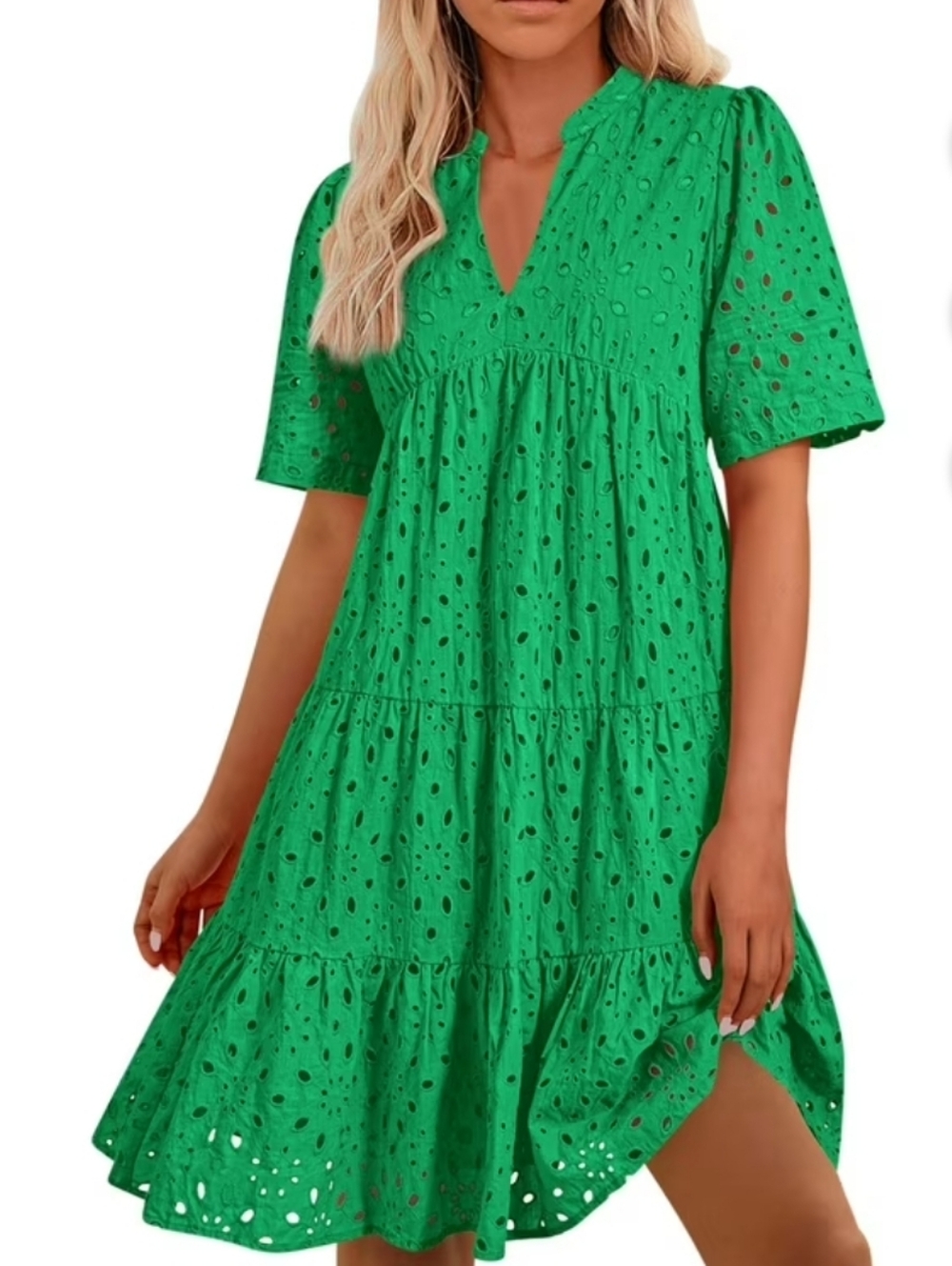 Green Eyelet Tiered V-Neck Dress